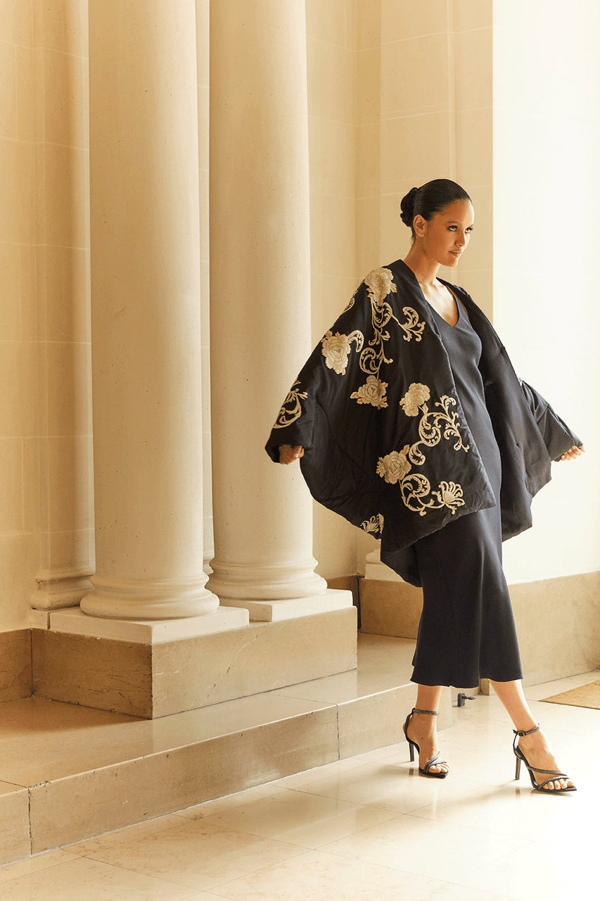 Buy Couture Silk Taffeta Embroidered Coat in Black Online Black