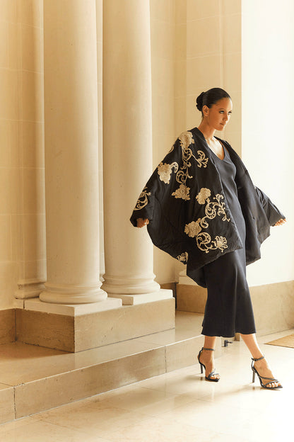 Buy Couture Silk Taffeta Embroidered Coat in Black Online Black