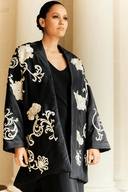 Buy Couture Silk Taffeta Embroidered Coat in Black Online Black
