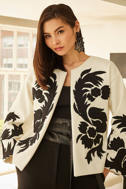 Buy Felt Embroidered Crop Jacket in Warm White Online Warm White