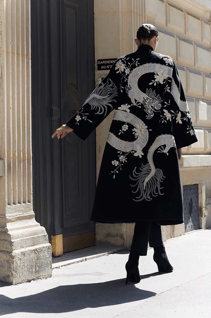 Buy Couture Felt Embroidered Dragon Coat in Black Online Black