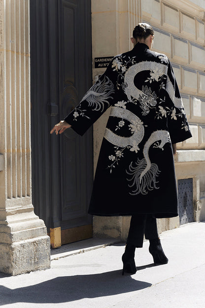 Buy Couture Felt Embroidered Dragon Coat in Black Online Black