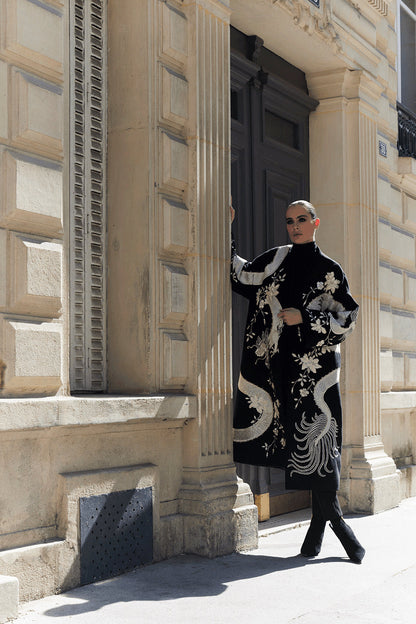 Buy Couture Felt Embroidered Dragon Coat in Black Online Black