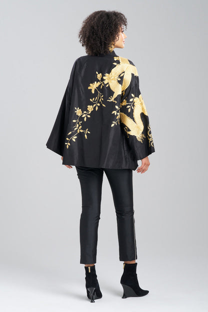 Buy Couture Silk Taffeta Embroidered Dragon Coat in Black Online Black