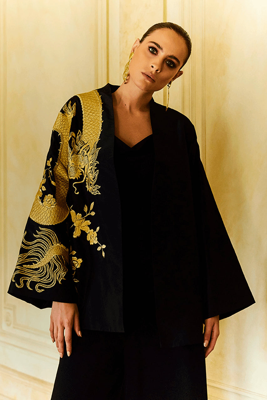 Buy Couture Silk Taffeta Embroidered Dragon Coat in Black Online Black