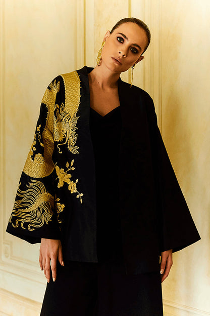 Buy Couture Silk Taffeta Embroidered Dragon Coat in Black Online Black