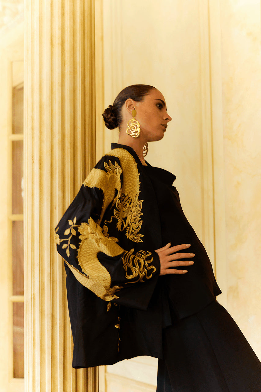 Buy Couture Silk Taffeta Embroidered Dragon Coat in Black Online Black