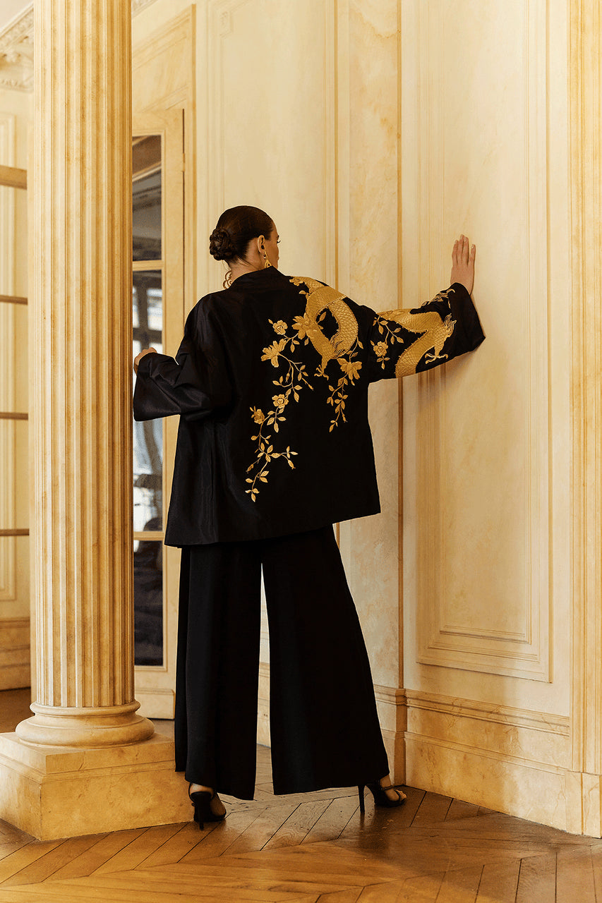 Buy Couture Silk Taffeta Embroidered Dragon Coat in Black Online Black