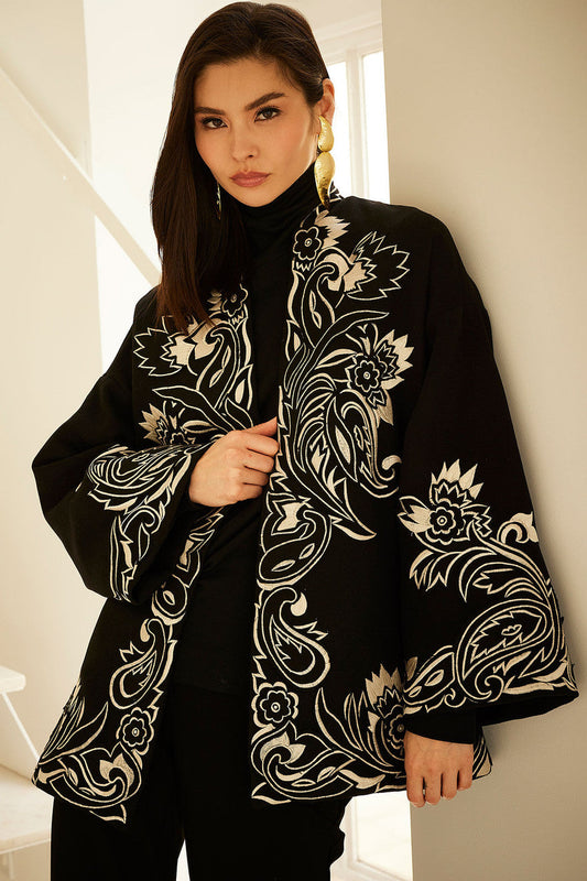 Buy Felt Embroidered Coat in Black Online Black