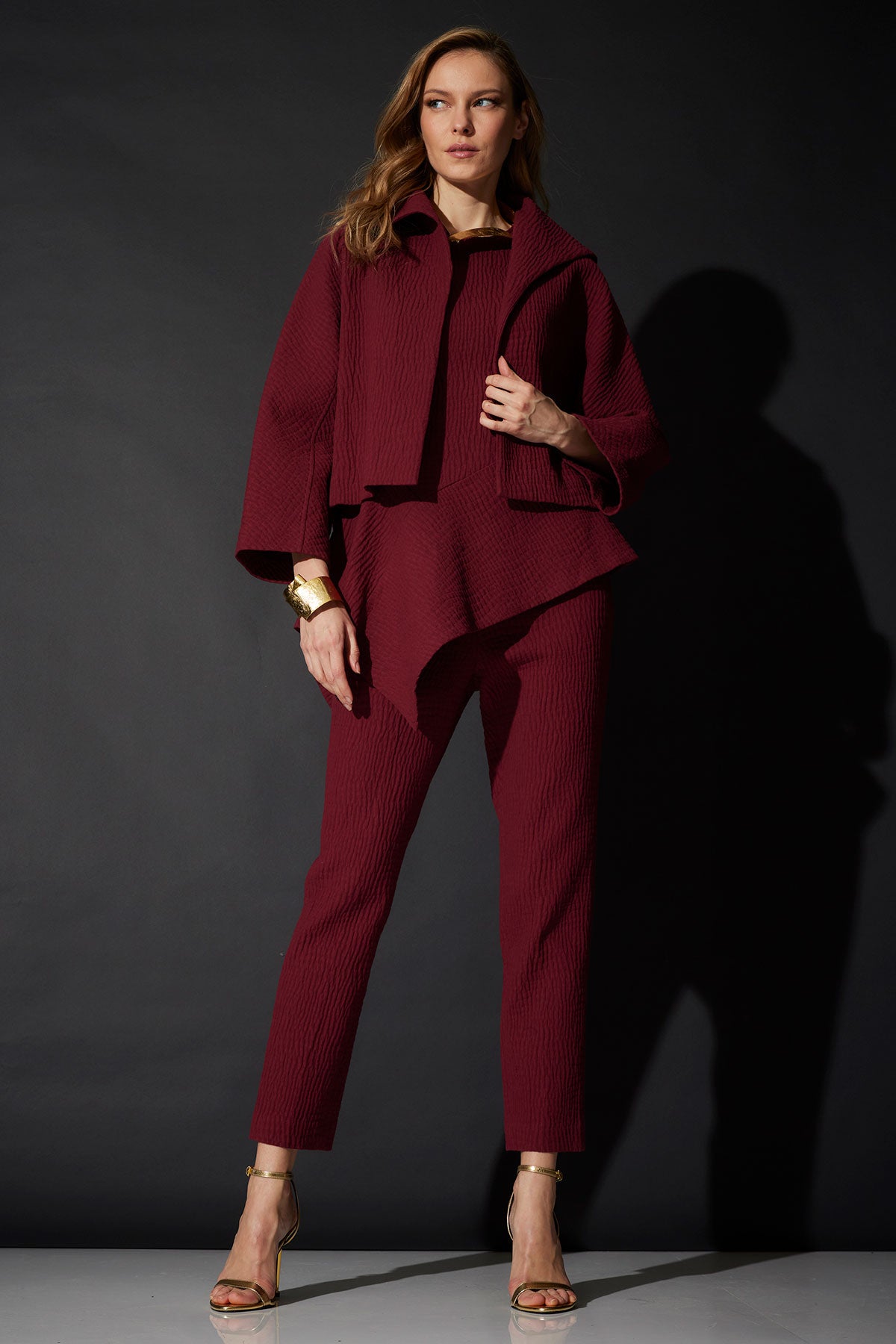 Textured Cotton Jacquard Stand Collar Jacket Ruby