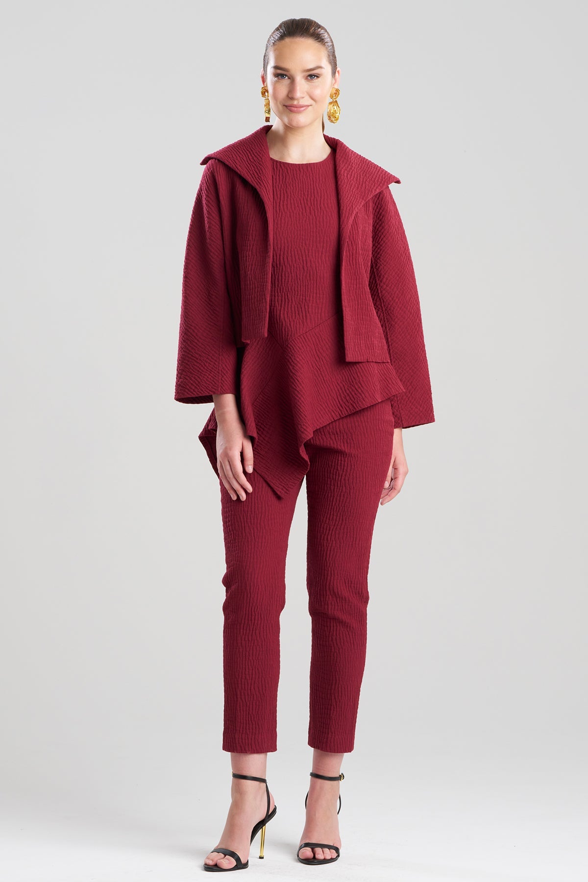 Textured Cotton Jacquard Stand Collar Jacket Ruby