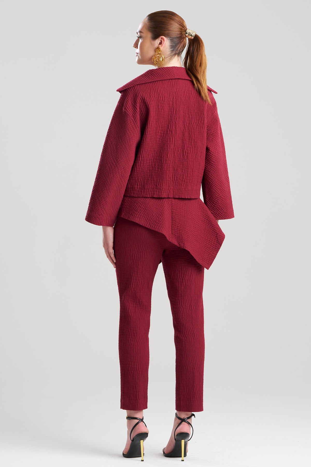 Textured Cotton Jacquard Stand Collar Jacket Ruby