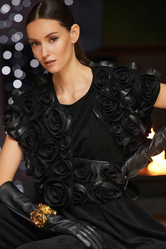 Vegan Luxe Suede 3D Floral Embroidered Vest Black