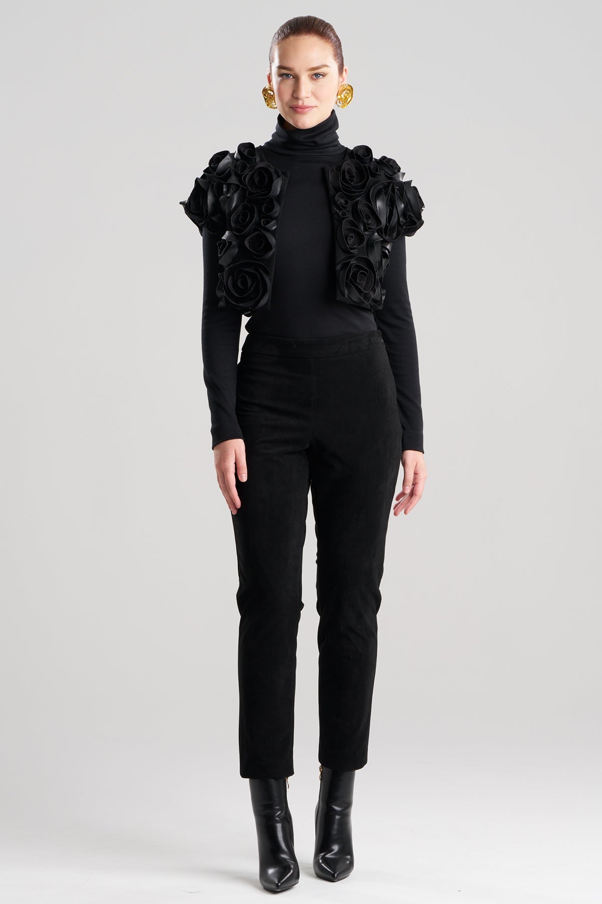 Vegan Luxe Suede 3D Floral Embroidered Vest Black