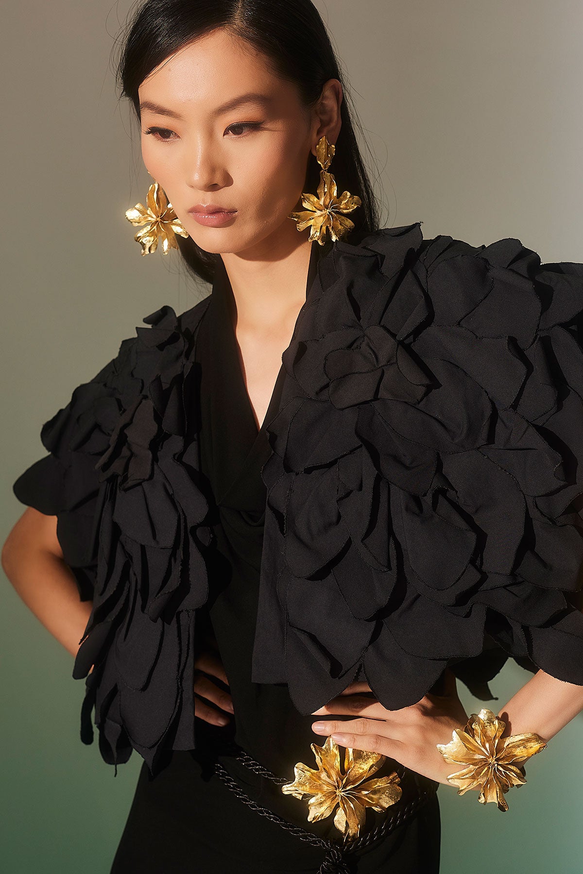 Tech Cotton Taffeta Embroidered Floral Bolero Black