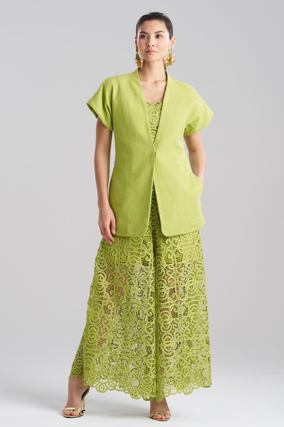 Basketweave Cotton Kimono Jacket Pear