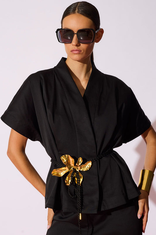 Cotton Chino Pleated Cap Sleeve Jacket Black