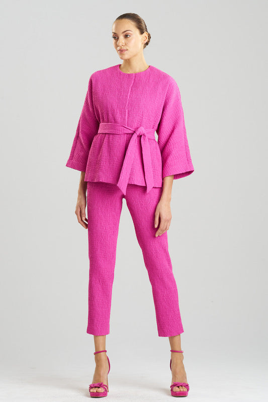 Buy Textured Cotton Jacquard Belted Jacket in Bright Berry Online Bright Berry
