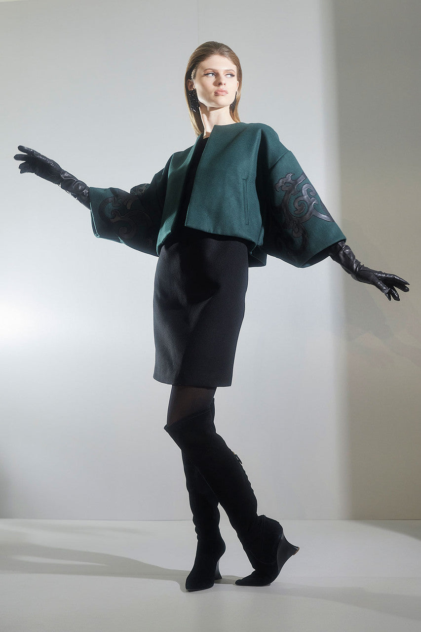 Buy Felt Embroidered Cropped Jacket in Bottle Green Online Bottle Green