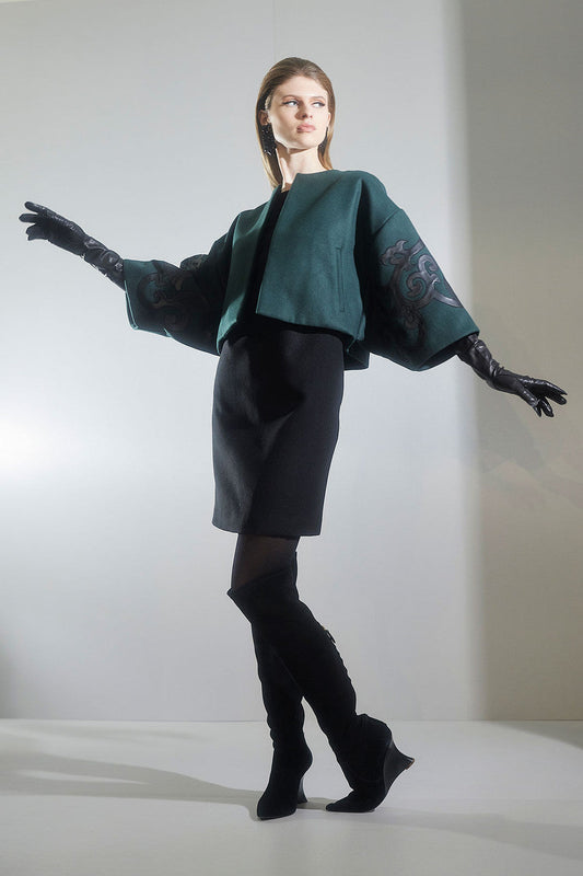 Buy Felt Embroidered Cropped Jacket in Bottle Green Online Bottle Green