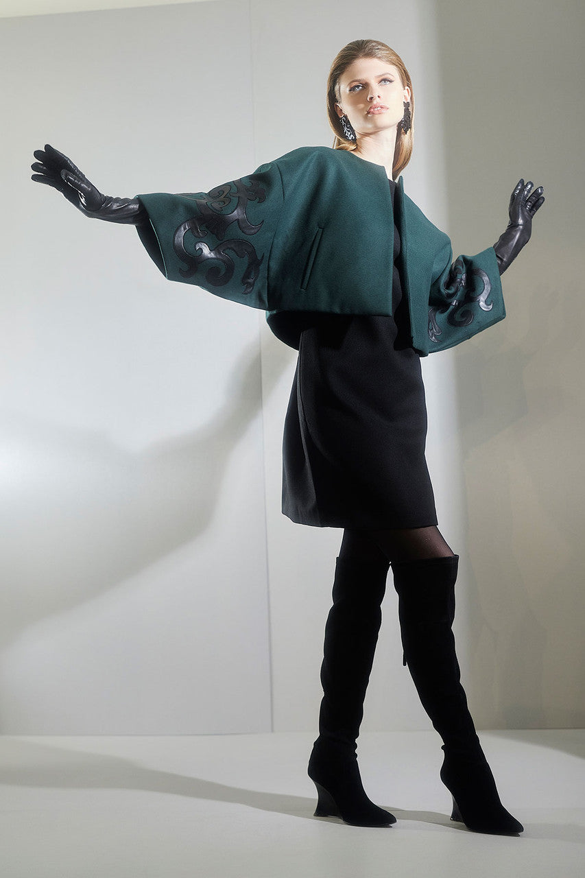 Buy Felt Embroidered Cropped Jacket in Bottle Green Online Bottle Green