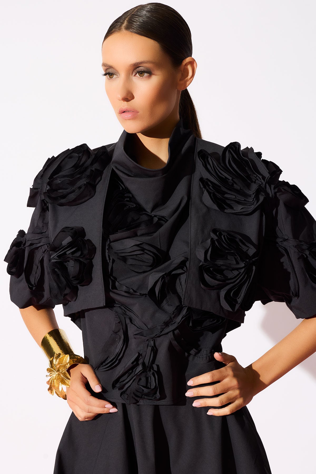 Tech Cotton Taffeta 3D Embroidered Bolero Black