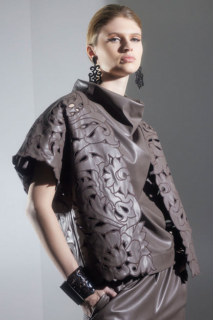 Buy Vegan Luxe Lambskin Embroidered Vest in Taupe Online Taupe