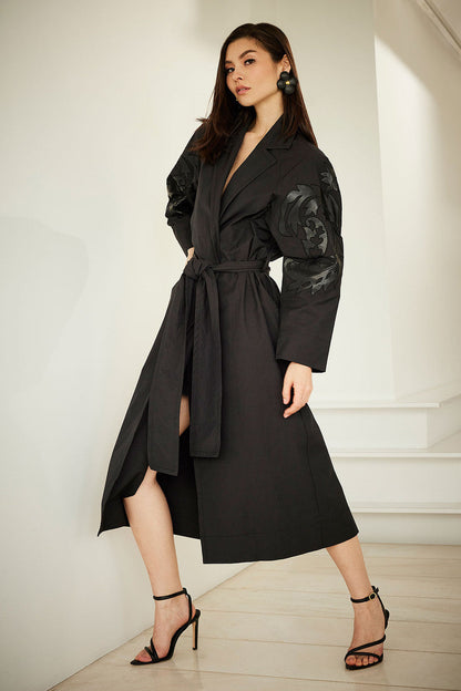 Buy Tech Cotton Taffeta Embroidered Trench Coat in Black Online Black