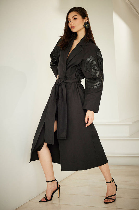 Buy Tech Cotton Taffeta Embroidered Trench Coat in Black Online Black
