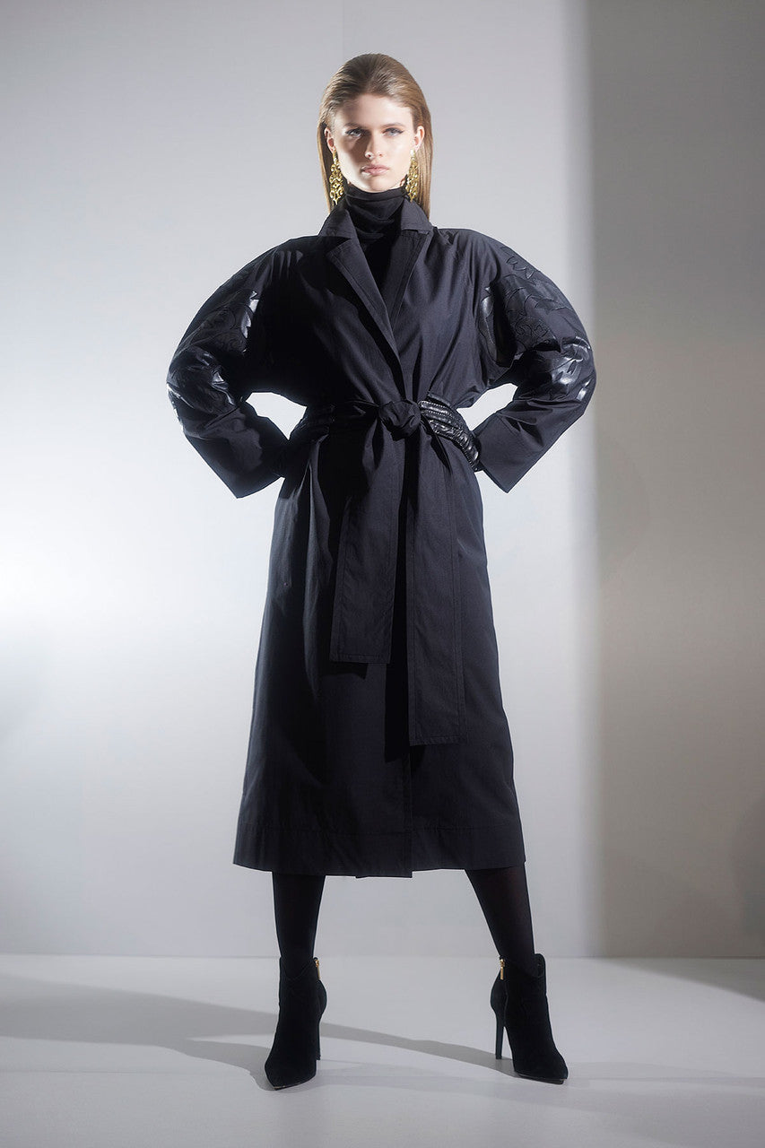 Buy Tech Cotton Taffeta Embroidered Trench Coat in Black Online Black