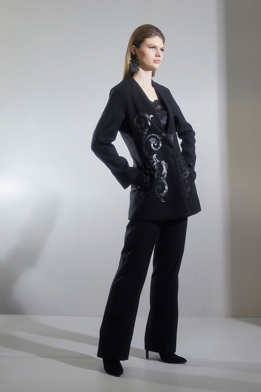 Buy Felt Embroidered Collarless Jacket in Black Online Black