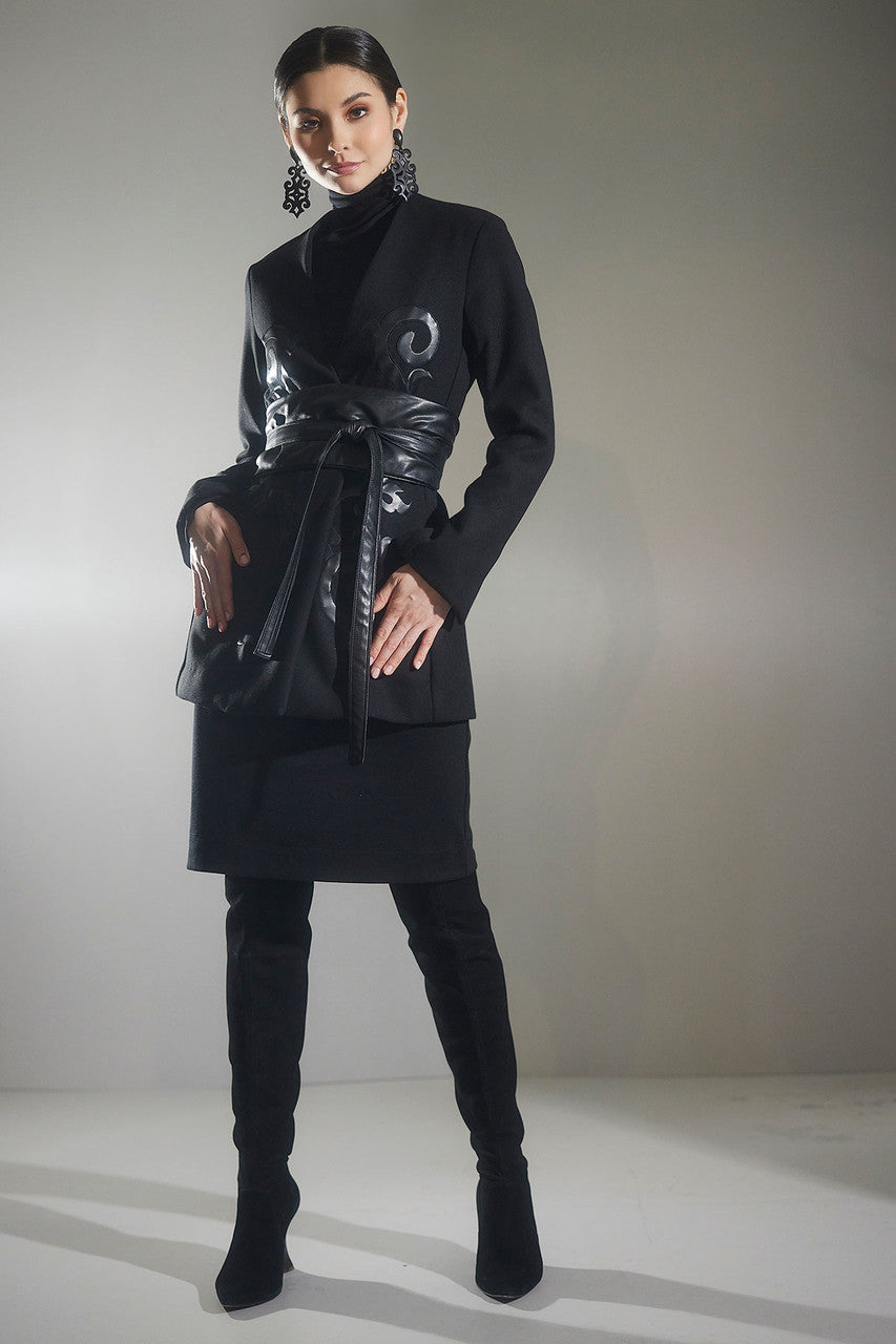 Buy Felt Embroidered Collarless Jacket in Black Online Black
