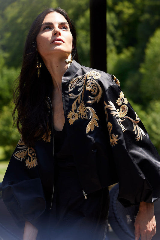 Buy Duchess Satin Embroidered Crop Bomber Jacket in Black Online Black