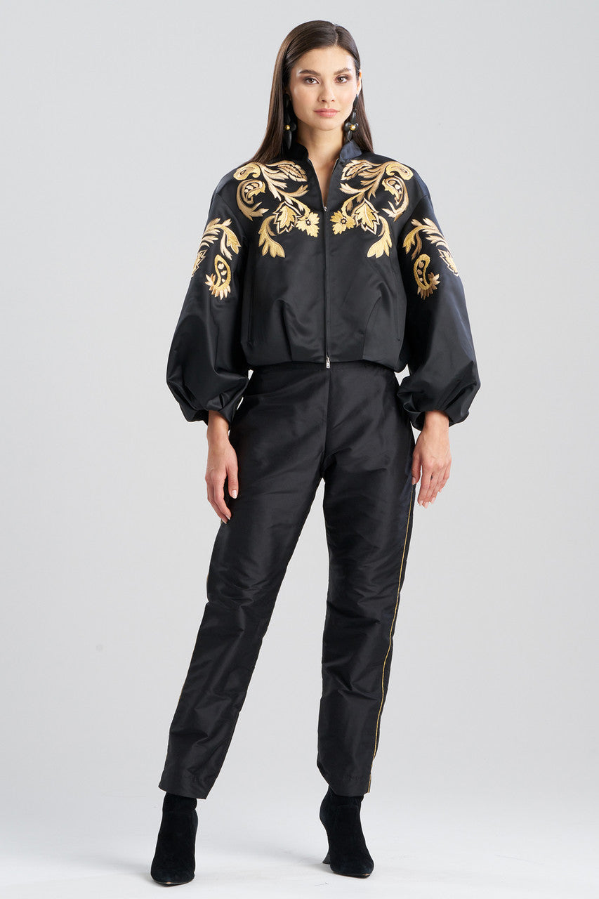 Buy Duchess Satin Embroidered Crop Bomber Jacket in Black Online Black