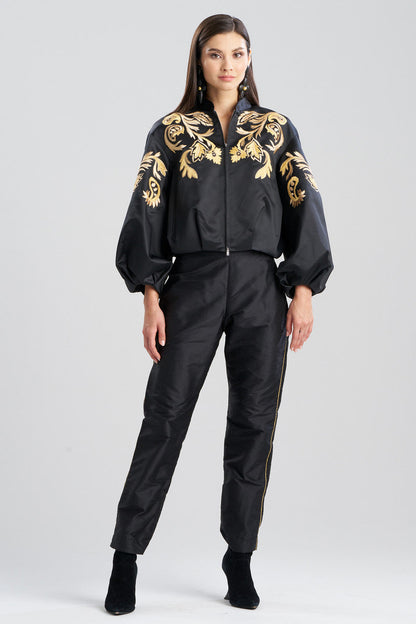 Buy Duchess Satin Embroidered Crop Bomber Jacket in Black Online Black