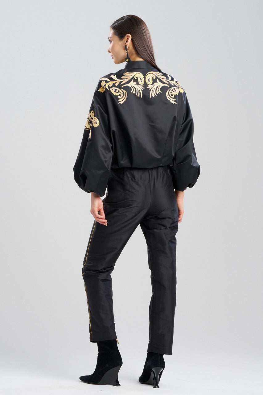 Buy Duchess Satin Embroidered Crop Bomber Jacket in Black Online Black