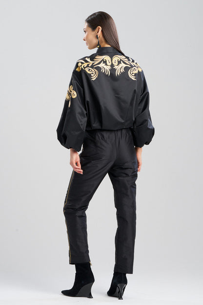 Buy Duchess Satin Embroidered Crop Bomber Jacket in Black Online Black