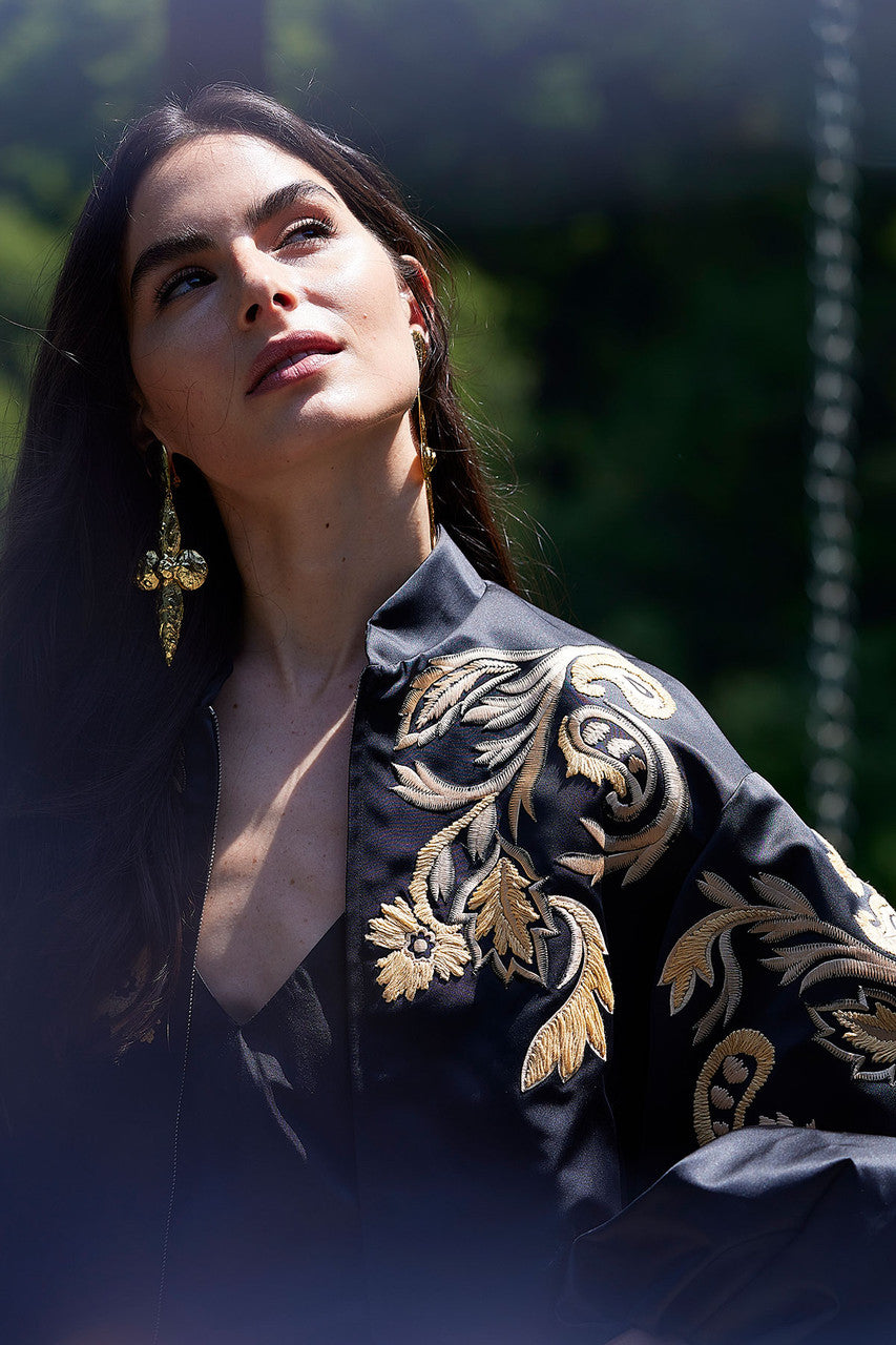 Buy Duchess Satin Embroidered Crop Bomber Jacket in Black Online Black