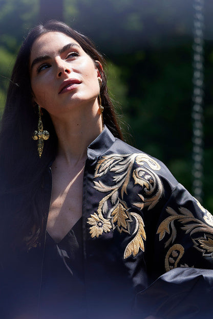 Buy Duchess Satin Embroidered Crop Bomber Jacket in Black Online Black
