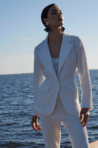 Buy Textured Cotton Jacquard Jacket in White Online White