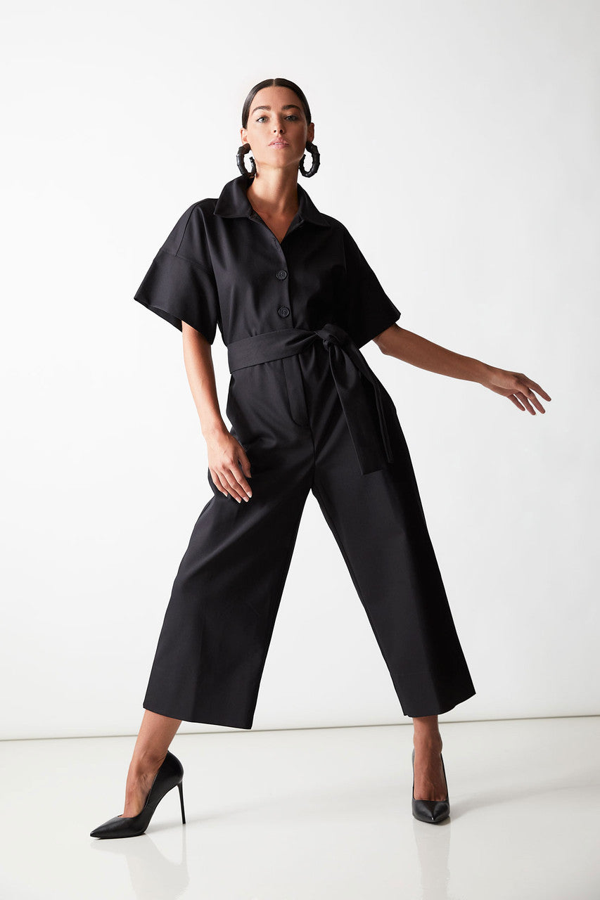 Buy Stretch Cotton Blend Crop Jumpsuit in Black Online Black
