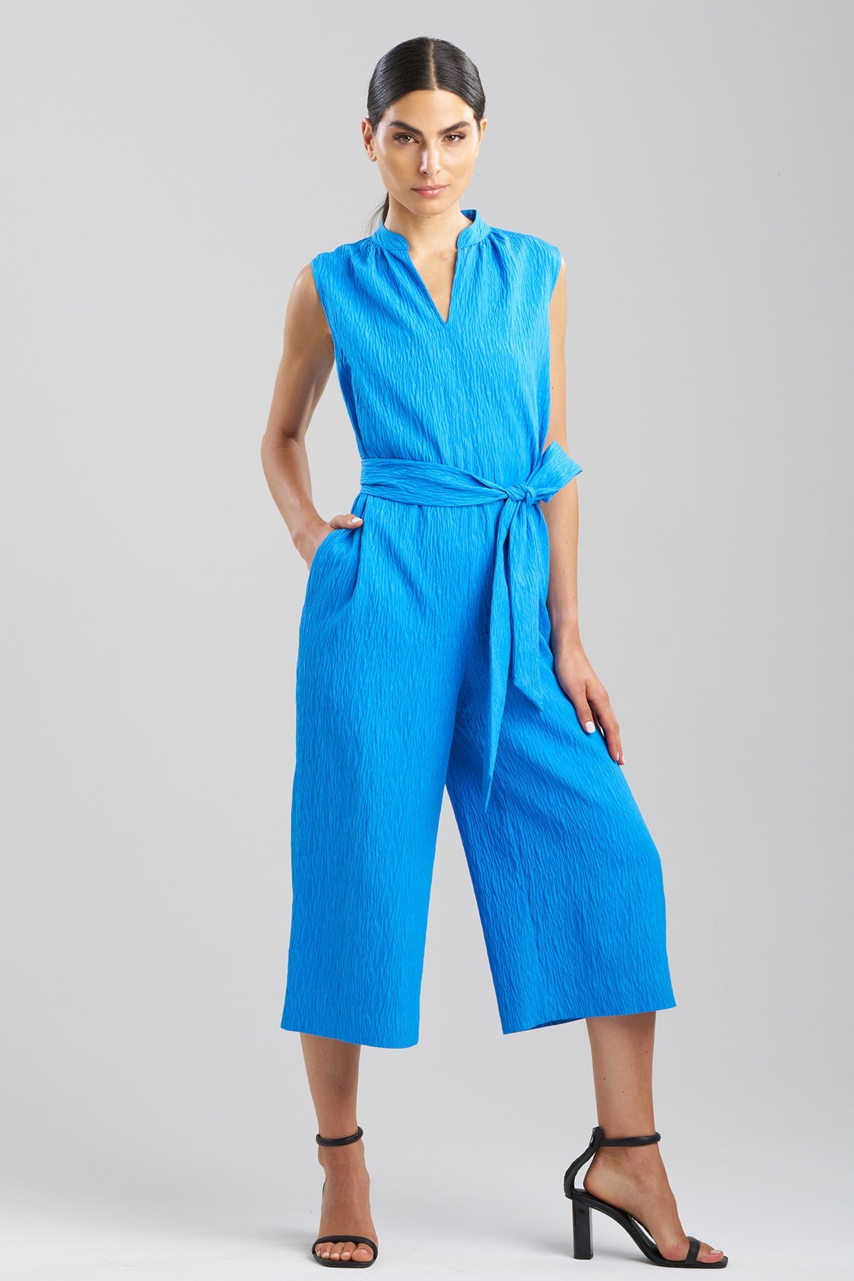 Textured Jacquard Mandarin Jumpsuit Malibu Blue