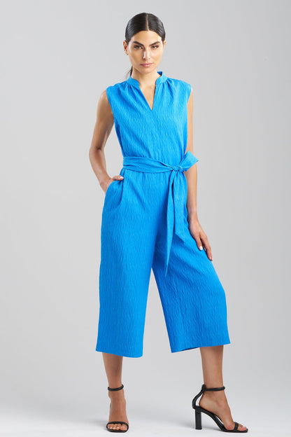 Textured Jacquard Mandarin Jumpsuit Malibu Blue
