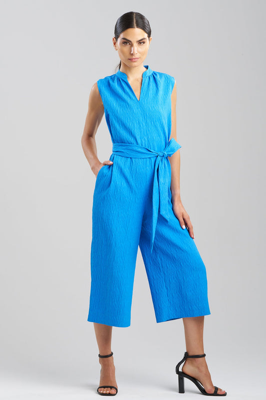 Textured Jacquard Mandarin Jumpsuit Malibu Blue