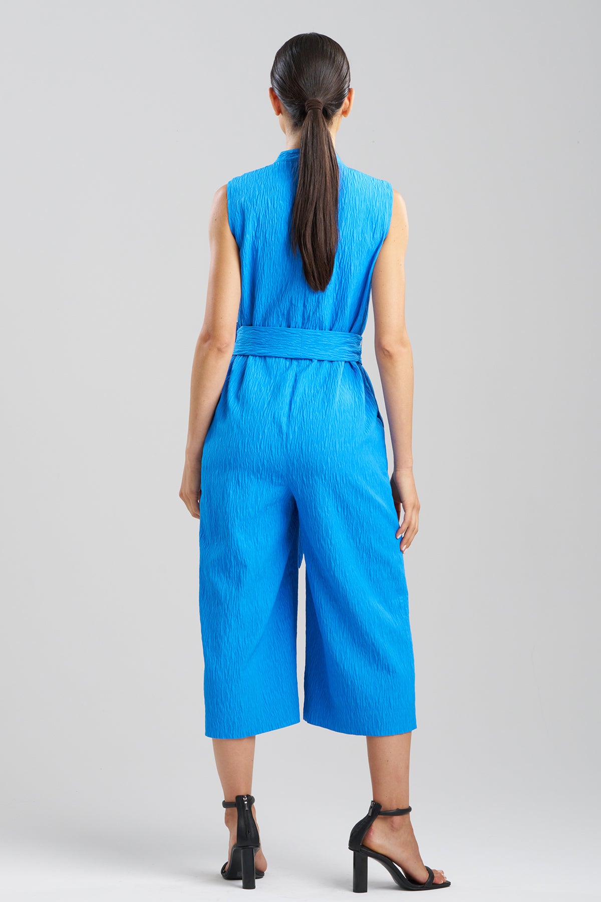 Textured Jacquard Mandarin Jumpsuit Malibu Blue