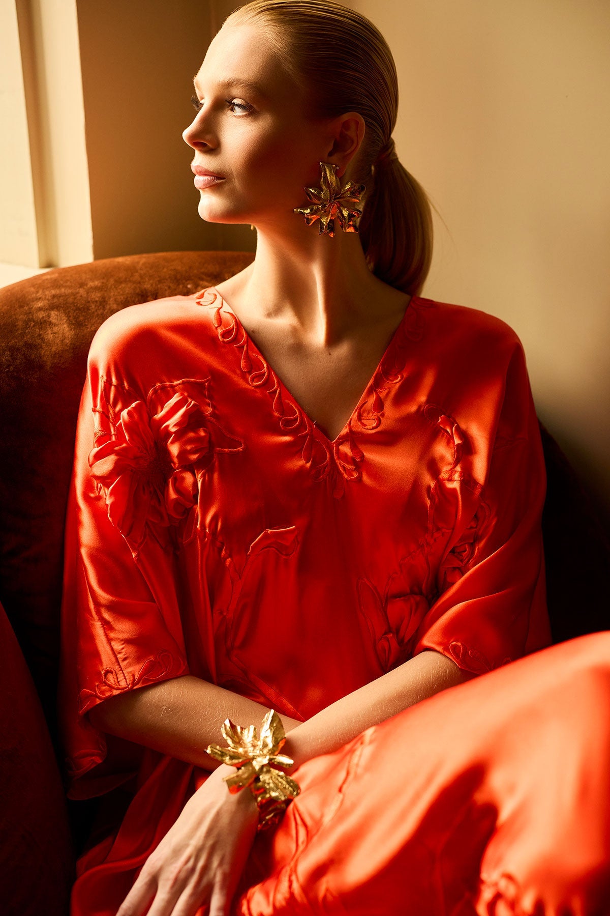 Couture Mokuren Embroidered Silk Caftan Blood Orange