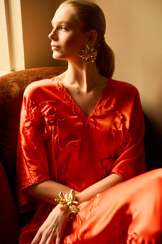 Couture Mokuren Embroidered Silk Caftan Blood Orange