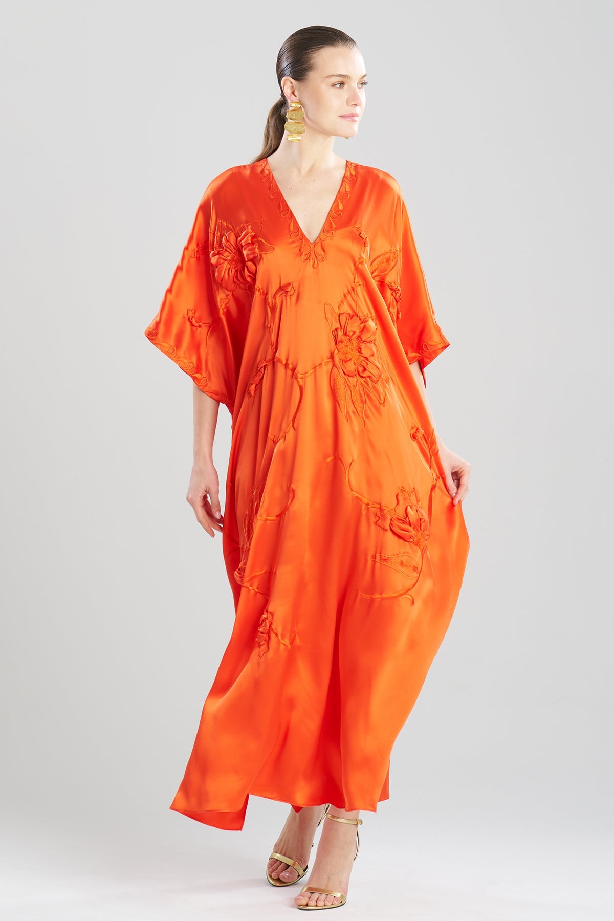 Couture Mokuren Embroidered Silk Caftan Blood Orange