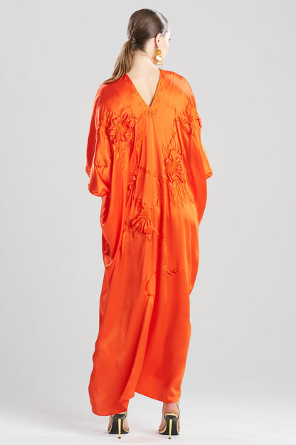 Couture Mokuren Embroidered Silk Caftan Blood Orange