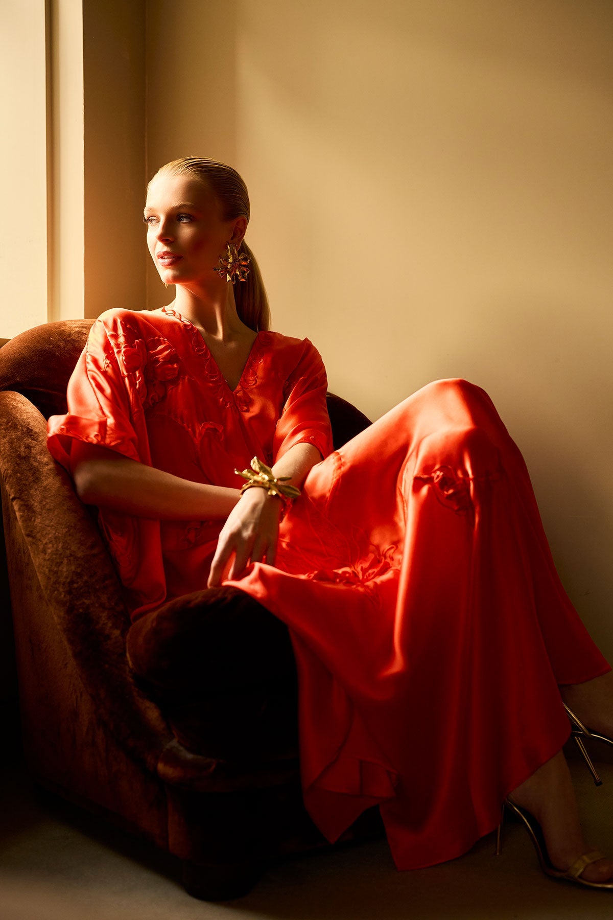 Couture Mokuren Embroidered Silk Caftan Blood Orange